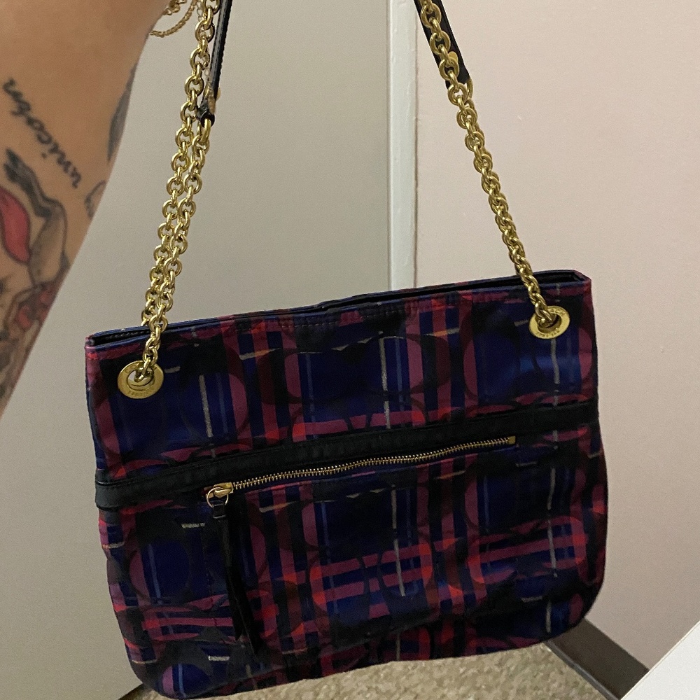 Coach Plaid Navy & Pink with gold metallic Canvas Handbag/Crossbody Bag, EUC